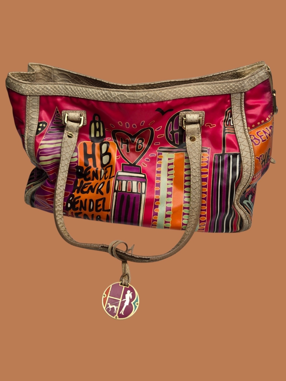 Henri Bendel NYC Skyline Tote Pink Graphic Snake Embossed Shoulder Bag Mirror